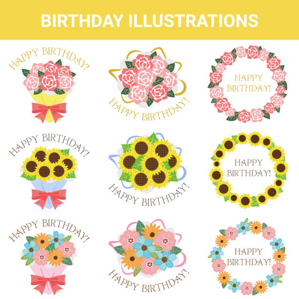 праздничный материал, день рождения, набор иллюстраций - венчик л епесток stock illustrations