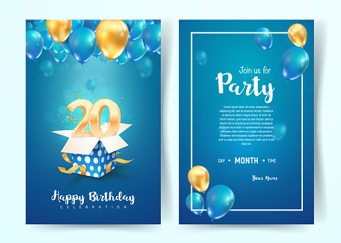 Celebration of 20th years birthday vector invitation card. Twenty years anniversary celebration brochure. Template of invitational for print on blue background