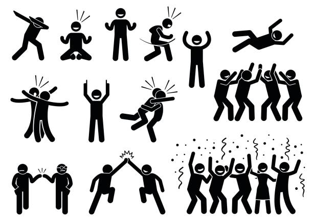 Celebration Poses and Gestures. Artwork depicts people celebrating in various styles such as dabbing, fist pump, chest bump, raising hand, high five, throwing person in the air, and group celebration. stick figure stock illustrations