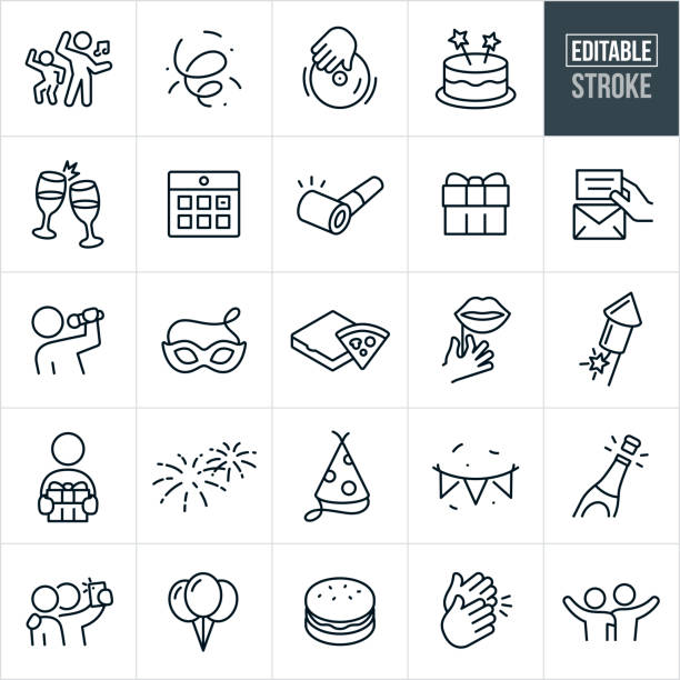 A set of celebration icons that include editable strokes or outlines using the EPS vector file. The icons include confetti, party goers dancing, dj, cake, champagne toast, calendar, party horn, gift, invitation, singer, entertainment, party mask, pizza, props, fireworks, party hat, party banner, champagne, balloons, clapping, friends taking pictures, and friends with their arms around each other to name just a few.