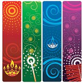 Vector banners of candles, fireworks with swirls twirls - for  diwali, new year and generic greetings