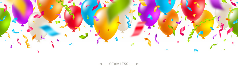 Celebratory seamless banner - multicolored balloons and  confetti. Vector festive illustration. Holiday design.