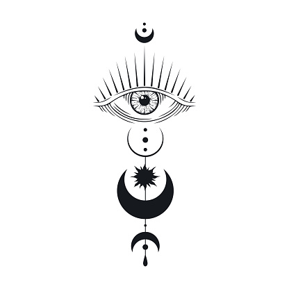 Celestial evil eye illustration. Mystical moon print. Vector isolated.