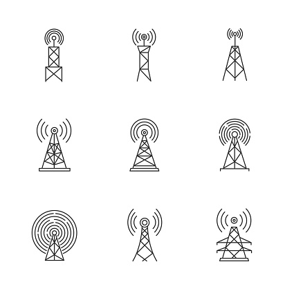5G cell towers and antennas pixel perfect linear icons set. Fast connection. Mobile network coverage. Customizable thin line contour symbols. Isolated vector outline illustrations. Editable stroke