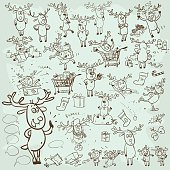 Hand drawn Christmas Reindeer, cartoon characters set