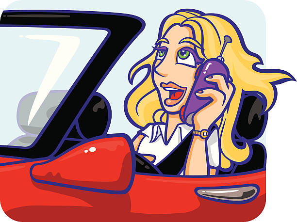 Cellphone Girl A vector illustrated young woman who is paying more attention to her cellphone than she is to the road, watch out! Includes print-optmized CMYK native Freehand and Illustrator files, besides high & low resolution screen oriented RGB .jpgs. Almost imperceptible color shift between both systems teen driving stock illustrations
