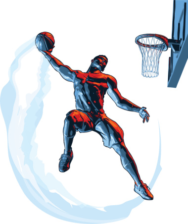 Vector Celshade illustration of basketball player jumping and performing a Slam Dunk, hand drawn with expressive, sketchy lines, etching marks and painterly shapes for added dynamism, using my personal, signature technique and style I call CelScratch, containing NO gradients for maximum compatibility to the software of your choice. vector