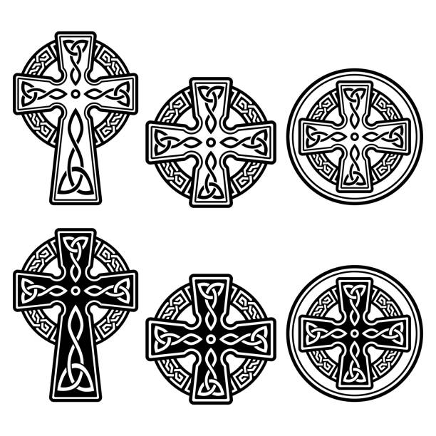 Celtic Irish cross vector design set - St Patrick's Day celebration in Ireland Irish, Scottish and Welsh crosses with celtic patterns and knots collection in black and white religious cross borders stock illustrations
