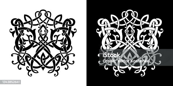 istock Celtic knot and Celtic tattoo art hand writing frog in viking style isolated, scandinavian pattern vector illustration, t-shirt print 1343852641