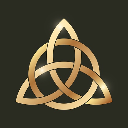 Celtic triquetra knot on black background. Golden celtic trinity knot. Intertwined triangular figure. Wiccan divination and protection symbol. Ancient occult sign. Logo template. Vector illustration