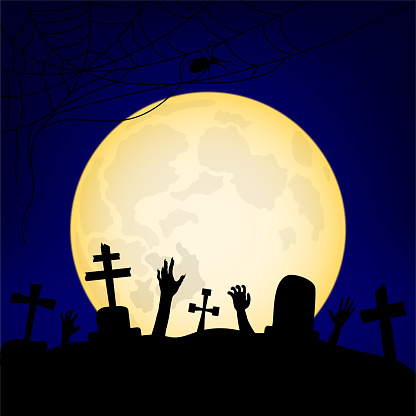 Cemetery at night on halloween. Zombies rise from their graves.