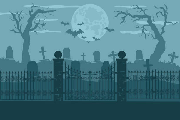 Cemetery or graveyard vector background Cemetery or graveyard background. Silhouettes of gravestones, fence, moon etc. Color vector illustration for Halloween cemetery stock illustrations