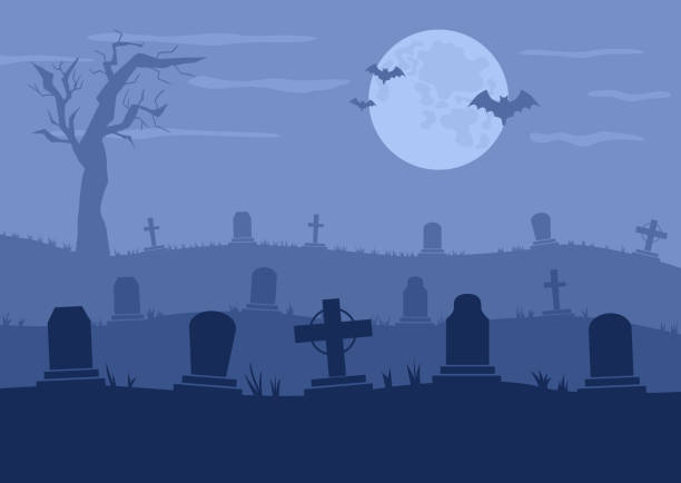 Cemetery or graveyard vector illustration Cemetery or graveyard dark background. Silhouettes of tombstones and tree. Color vector illustration for Halloween posters or banners cemetery stock illustrations