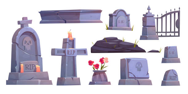 Cemetery set, graveyard tombstone, metal gate Cemetery set, graveyard tombstone, cracked stone cross with rip signature and extinguished candle, metal gate, ancient mausoleum tomb isolated on white background Cartoon vector illustration, clip art religious cross clipart stock illustrations