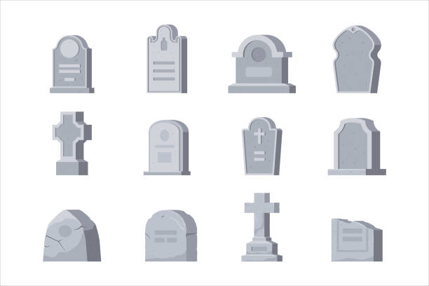 Cemetery set, graveyard tombstone of different shape vector art illustration