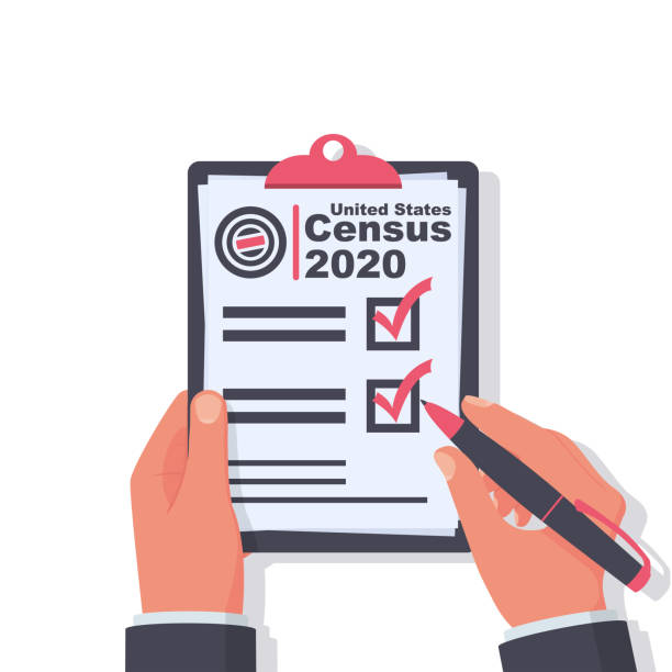 Census 2020. The process of collecting and analyzing population demographic data. Census 2020. The process of collecting and analyzing population demographic data. A government worker makes a census. Clipboard in pen in hand. Vector illustration flat design. Folder with documents. census stock illustrations