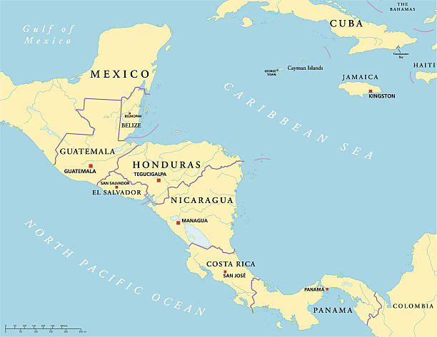 Central America Political Map Political map of Central America with capitals, national borders, rivers and lakes. Vector illustration with English labeling and scaling. central america stock illustrations