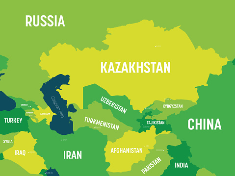 Central Asia map - green hue colored on dark background. High detailed political map of central asian region with country, capital, ocean and sea names labeling