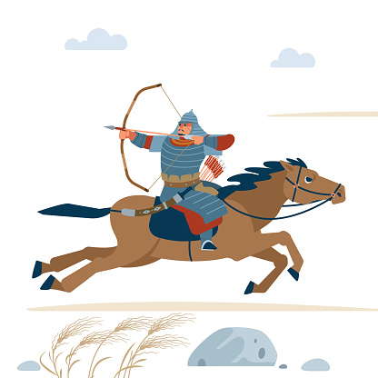 Central Asian Warrior with bow, Riding horse, isolated vector flat illustration.