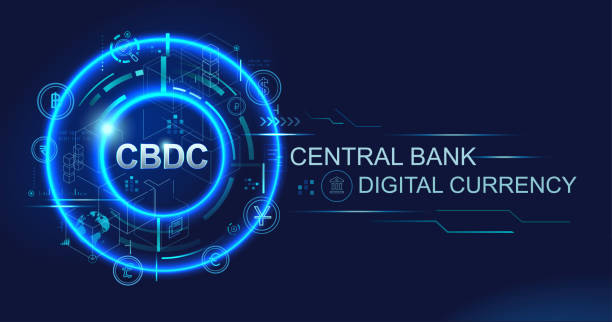 Banner-Logo der CBDC-Zentralbank für digitale Währungen für Geschäftstechnologie, Finanzen, Blockchain, Austausch, Geld und digitale Vermögenswerte. Futuristischer Vektor-Landingpage-Konzepthintergrund. Illustrationen zu CBDC-Aktien