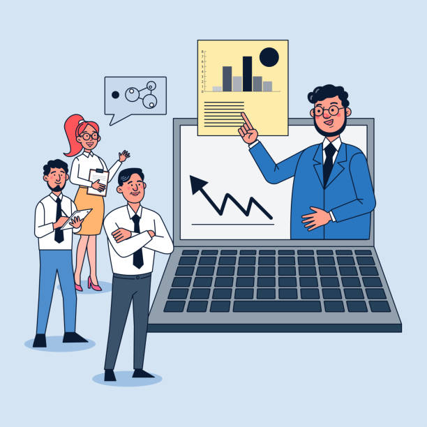 CEOs show employees the increase in operating results through video conferencing. vector art illustration