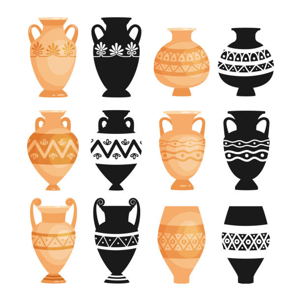 Ceramic ancient pottery objects Ceramic ancient bowls. Ancients decorative pottery objects vector illustration, greece clay craft pots, earthenware urns and vases isolated on white background earthenware stock illustrations