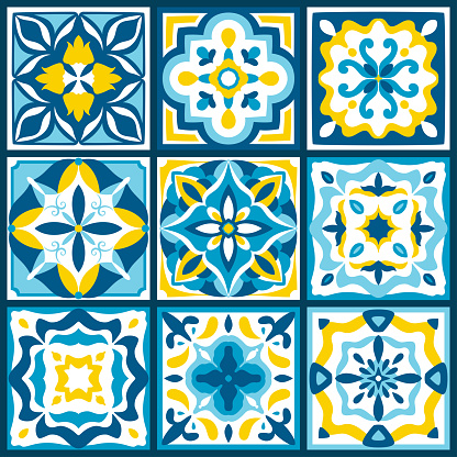 Ceramic majolica tile pattern. Sicily , mexican talavera, portuguese azulejo decor. Mediterranean Italian, Spanish art for floor, kitchen, textile.