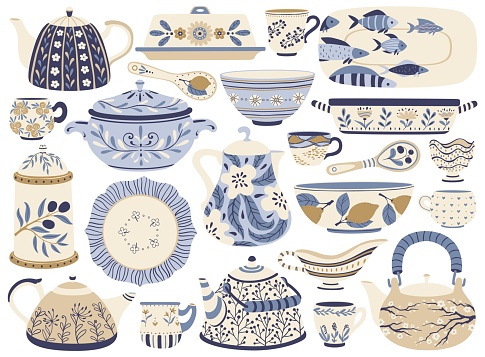 Ceramic pottery. Porcelain teapots, kettles, cups, mugs, bowls, plates, jugs. Faience kitchen crockery or tableware with decorations vector set. Antique dishware for drink and food