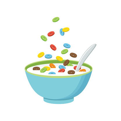 Cereal bowl with milk, smoothie isolated on white background. Concept of healthy and wholesome breakfast. Vector illustration