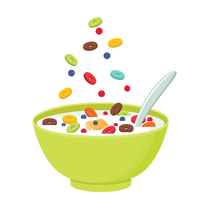 Cereal bowl with milk, smoothie isolated on white background. Concept of healthy and wholesome breakfast. Vector illustration