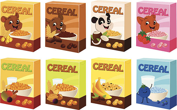 Cereal Boxes Vector illustration of various cereal boxes with cute mascots. cereal plant stock illustrations