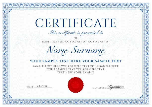 Certificate, Diploma of completion (design template, white background) with blue Frame, Border, Light Guilloche pattern (watermark) award borders stock illustrations
