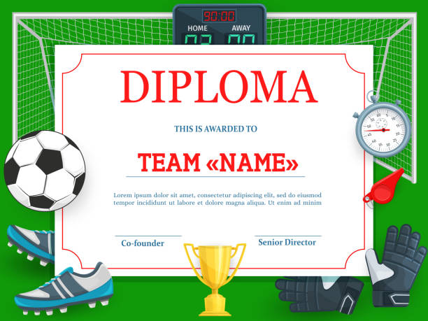 Certificate for soccer tournament participation Certificate for soccer tournament participation. Football club diploma vector template. Sports award border design with ball, shoes, gloves and gate with score display or stop watch. Sport achievement soccer borders stock illustrations