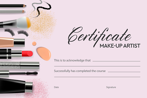 Certificate makeup school, vector illustration.