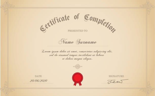 Certificate Of Completion Certificate of completion template with rubber stamp. certificates and diplomas stock illustrations
