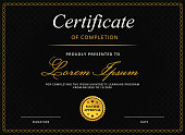 Certificate or Diploma Template for University Graduation or Online E-Learning Course Completion Award with Gold Border and Fancy Dark Black Background