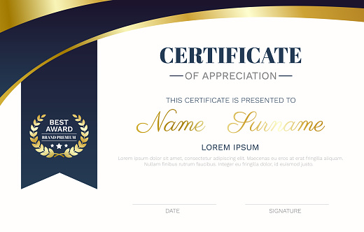 Certificate template modern wave curve lines and best award brand premium golden badge vector.