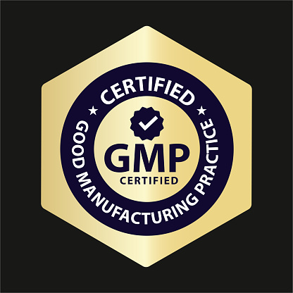GMP certified, good manufacturing practice, golden vector icon