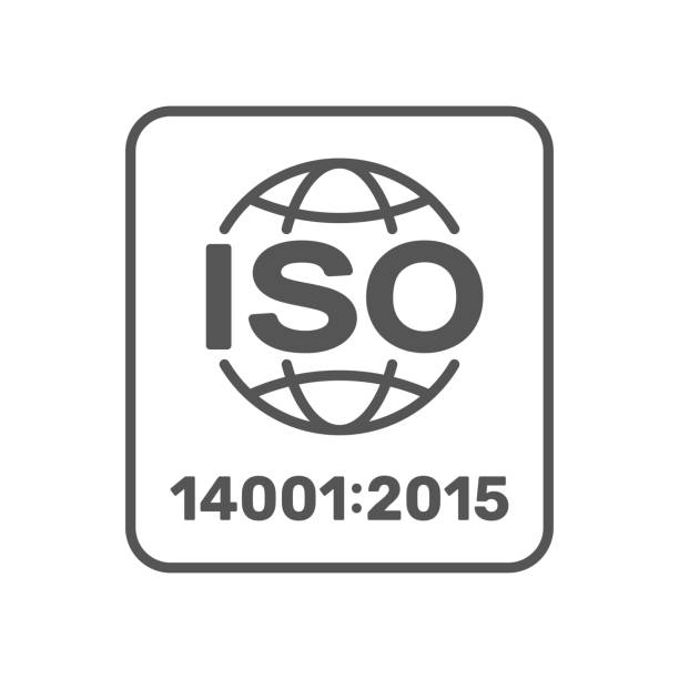 iso 14001:2015 認定シンボル。iso 14001 2015認定品質管理標識。編集可能なストローク。eps 10 - 2015年点のイラスト素材／クリップアート素材／マンガ素材／アイコン素材