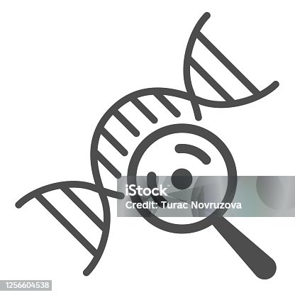 istock DNA chain and magnifying glass solid icon, science concept, DNA research sign on white background, genetics testing with magnifier icon in glyph style for mobile and web. Vector graphics. 1256604538