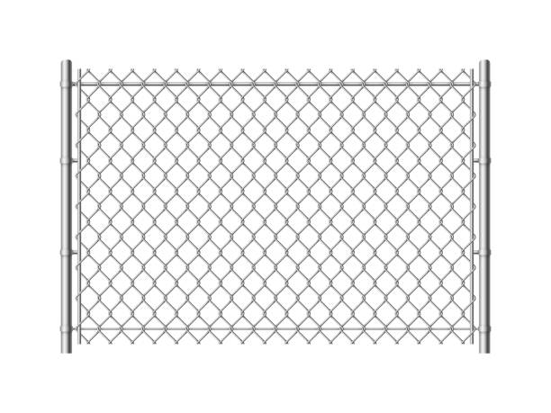 Chain link fence. Realistic metal mesh fences wire construction steel security wall industrial border metallic texture, vector pattern Chain link fence. Realistic metal mesh fences wire grid construction steel security and safety wall industrial border metallic texture, vector pattern chain store stock illustrations