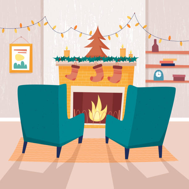 ilustraciones, imágenes clip art, dibujos animados e iconos de stock de silla y chimenea de navidad - christmas lights house