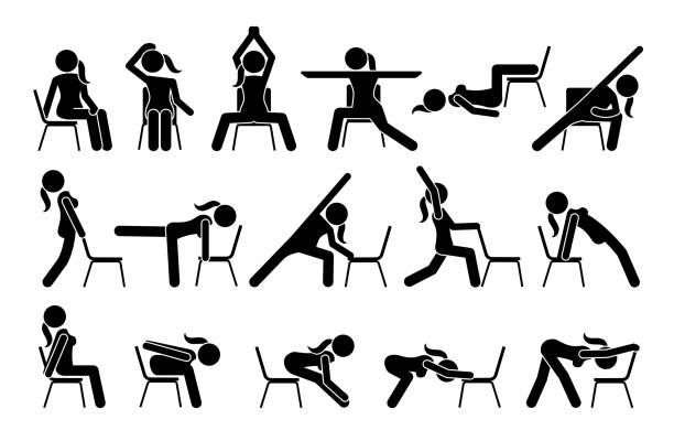 Chair yoga exercises stick figure pictogram icons. vector art illustration
