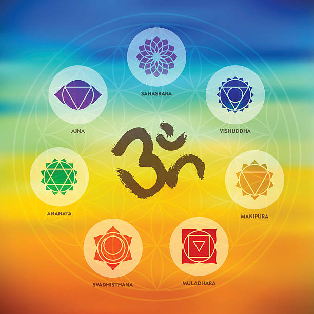 bildbanksillustrationer, clip art samt tecknat material och ikoner med chakra icon set on colorful blur background - flower of life sacred geometry