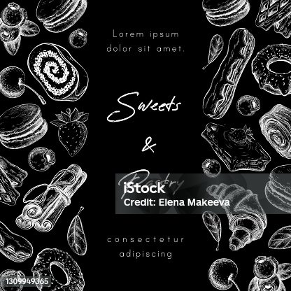 istock chalk bakery or pastry banner, background, square frame or menu template on black chalkboard. vector illustration of sweet desserts, pastries and berries on blackboard. vintage style. great for design. 1309949365