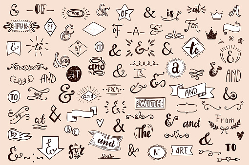Chalk Catchwords, ribbons, ampersands design elements set. at, to, for, the, of, with, by, and, from. Retro vector set .