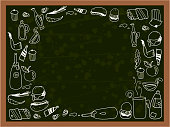 Doodle junk and healthy food & drinks pattern with chalk drawing effect on blackboard. Vector. Isolated on background.