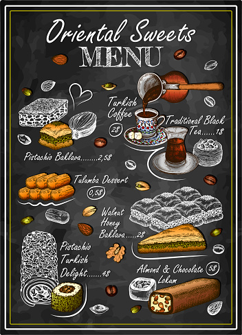 Chalk drawing Oriental Sweets menu on blackboard. Line art Turkish coffee, black tea, pistachio baklava