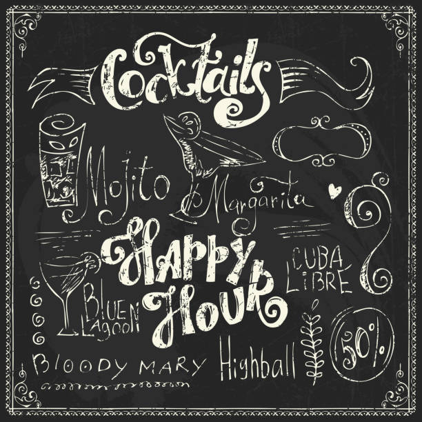 Chalk lettering. Cocktails doodles Chalk lettering. Vintage cocktails doodles cocktail borders stock illustrations