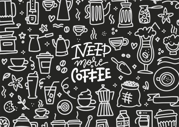 Chalkboard banner. Need more coffee lettering with doodles hand drawn sketchy vector symbols and objects. Chalkboard banner. Need more coffee lettering with doodles hand drawn sketchy vector symbols and objects sunday coffee stock illustrations